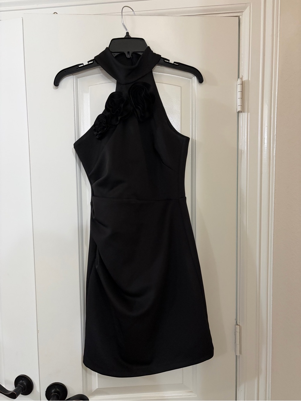 Black Halter Cocktail Dress with Floral Detail